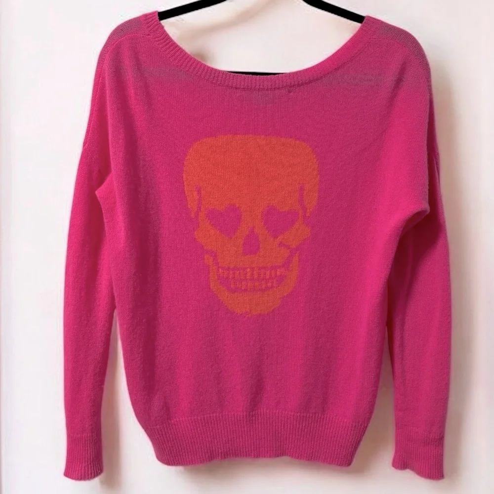 SKULL CASHMERE (XS) Pink Skull Sweater Soft Luxury Knit - Picture 13 of 13